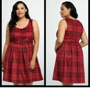 Torrid Womens 12 Red Black Faux Suede Brushed Plaid Skater Fit and Flare Dress